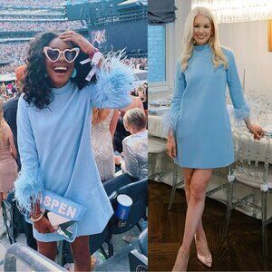 Tuckernuck Light Blue Feather Mod Ellie Long Sleeve Mini Dress Size XS Shift Fit
